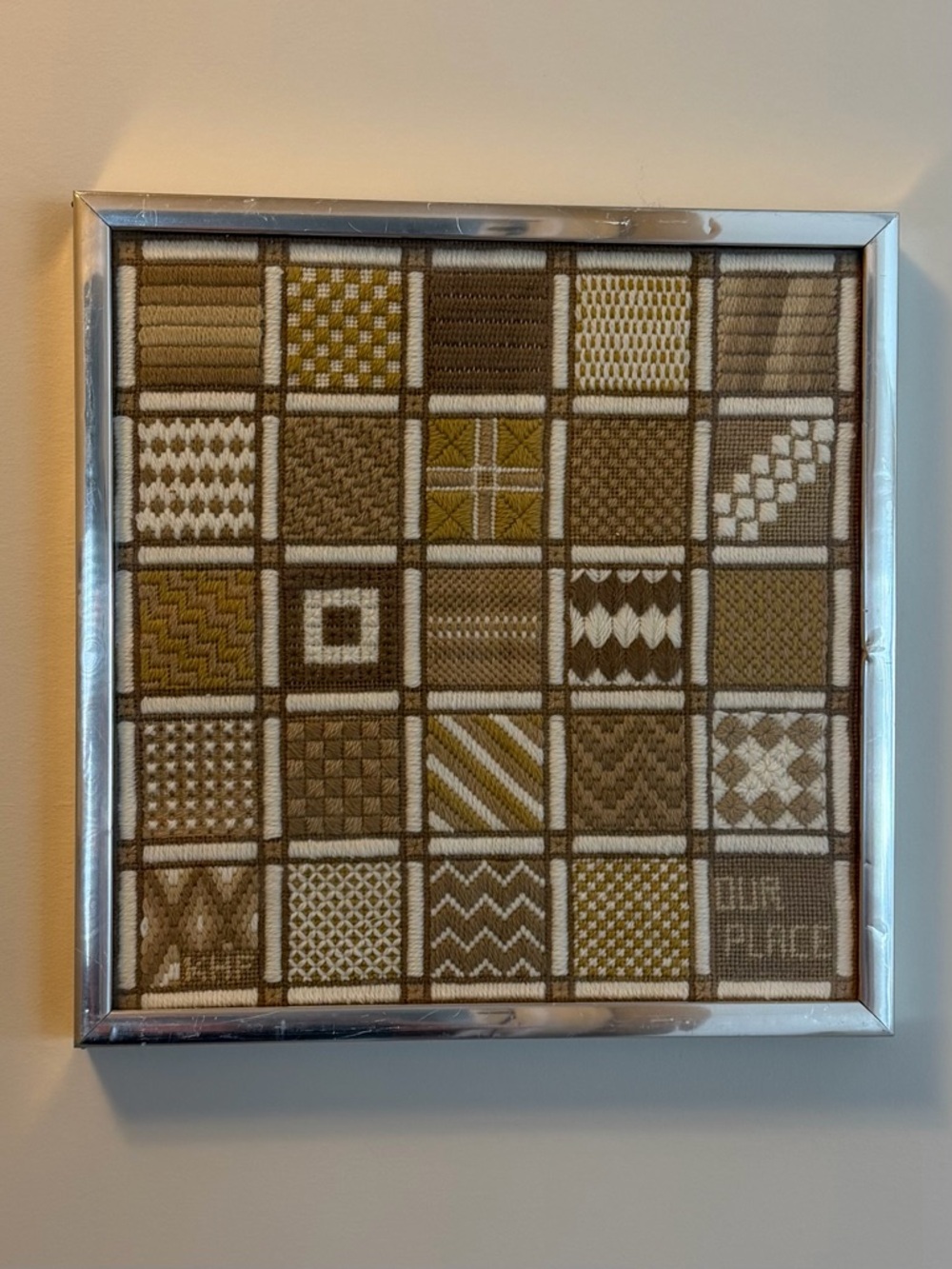 Vintage Embroidery Patchwork Framed  Wall Art in Brown and Cream